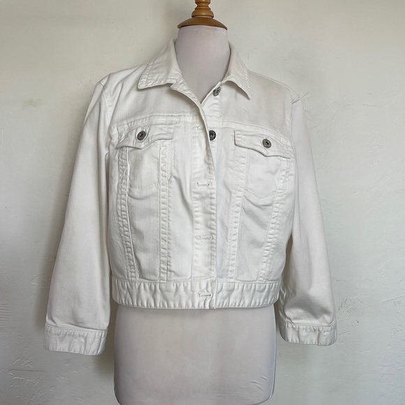 Chico's Jackets & Blazers - Chico's Cropped White Denim Stretchy 3/4 Sleeve Metal Button Jacket Size 3